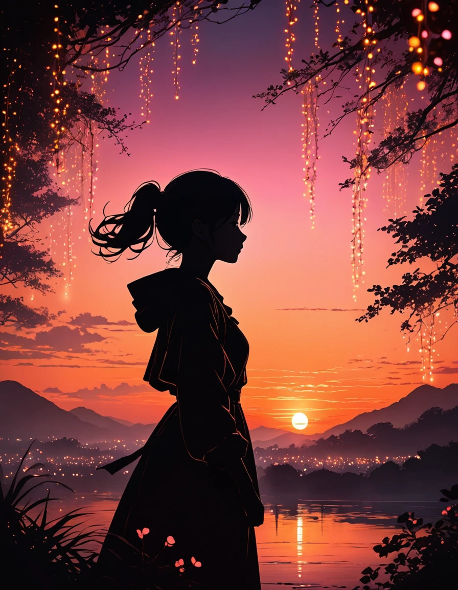 The image depicts a silhouette of a girl standing against a stunning sunset background. The sky transitions from a deep pink near the horizon to a deep Orange  as it ascends. The figure appears to be enveloped in a series of tiny glowing fairy lights, some of which are illuminated, creating a stunning and captivating contrast to the dark silhouette. The figure appears to be holding out one arm, perhaps adjusting to or interacting with the lights. The overall mood of the image is peaceful and magical.