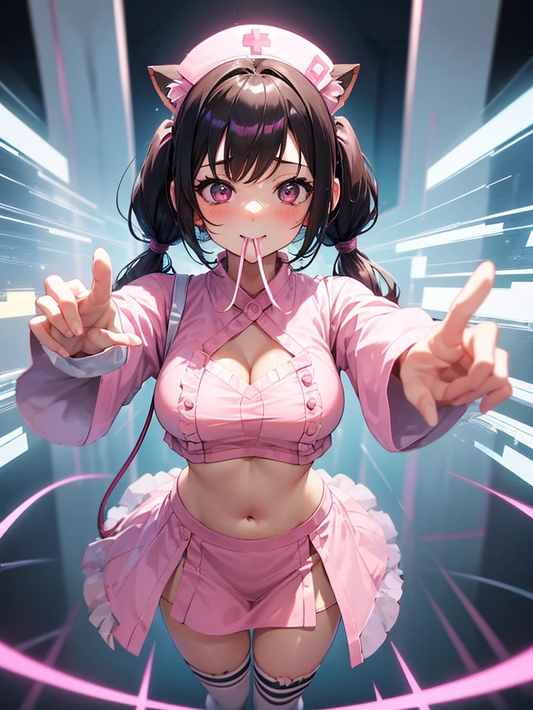 (((anime-style cute face)))、Black hair twin tails、Beautiful brown skin:1.7、blush、Very big eyes、anatomically correct body、Thighs、The face is bright、Professional Lighting、Cute little breasts、(最high quality1.5, Anime artwork, Anime Style, Studio Anime, Very detailed, up to date, Vibrant, Anime Coloring, High Contrast, masterpiece, 最high quality, Best aesthetics), ((Transparent nurse costume:0.1, Light effects)), In the hospital corridor,((Laughing with your mouth open:1.2)), Normal hip joint, Put your arms behind your head, (Naughty Fishnet Stockings), Perfect Fingers, Five Fingers, Anatomically correct, Background Blur, high quality, Surreal, Bright colors,Female genitalia pink、Cleavage、Underboob、Belly button、Transparent mini skirt with lively frills、Shot from above、