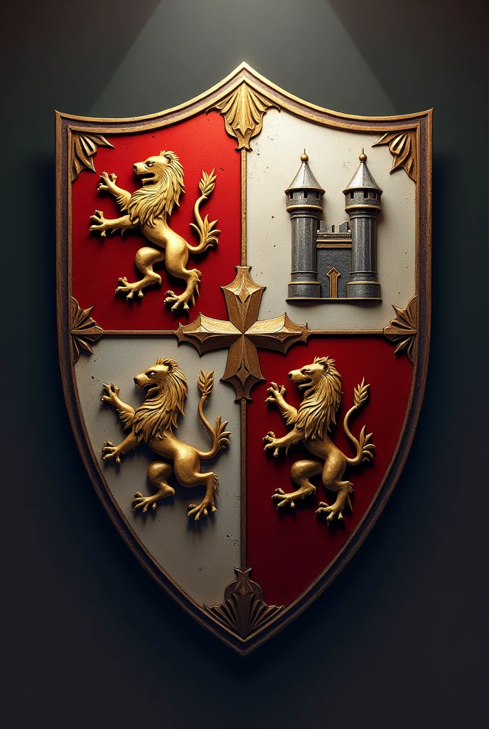 A shield divided into four parts. In the upper left and lower right corner, there is a golden lion on a red background, symbolizing courage and royalty. In the other two corners, there is a silver tower on a blue background, representing strength and vigilance.