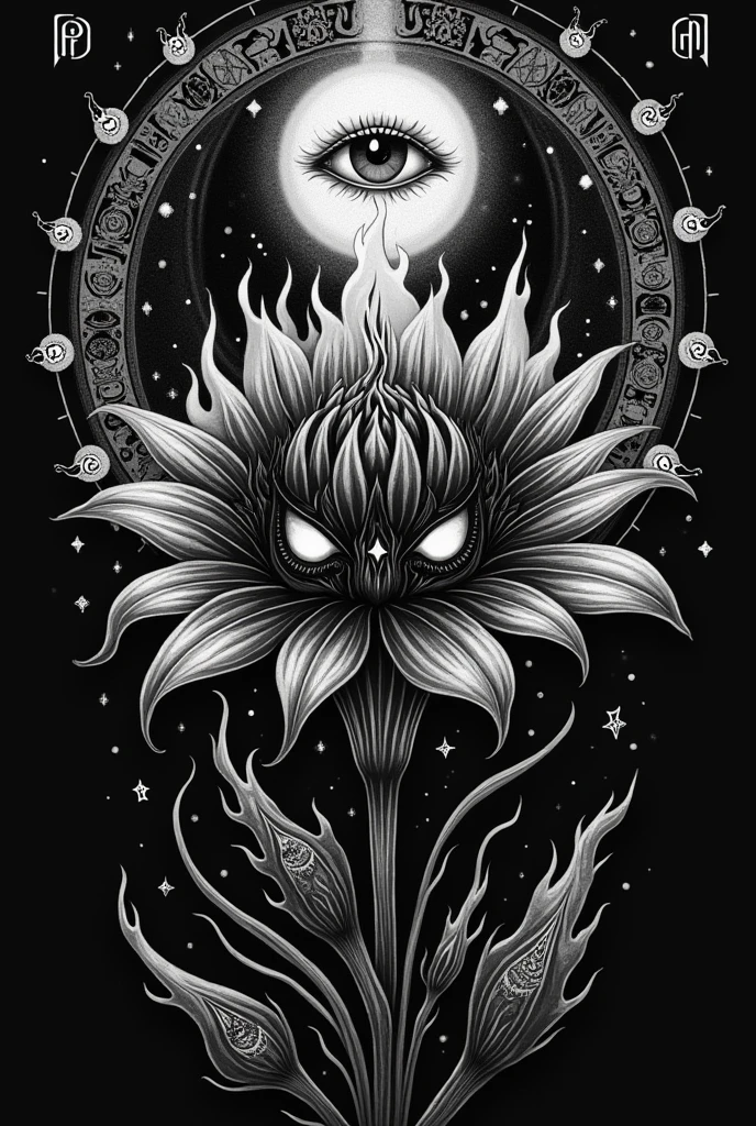 a black and white photo of a flower with flames on it, Logo der Black-Metal-Band, eyes fire, with silver runes on it, cyberpunk demonic symbols, Tattoo-Schablone, concept Tattoo-Design, complicated fire designs, black metal logos, ( all-seeing eye ), Demonic Eyes, Tattoo-Design, Demonic Seals, all-seeing eye, Ancient symbol behind, demonic symbols (3 fire tips)