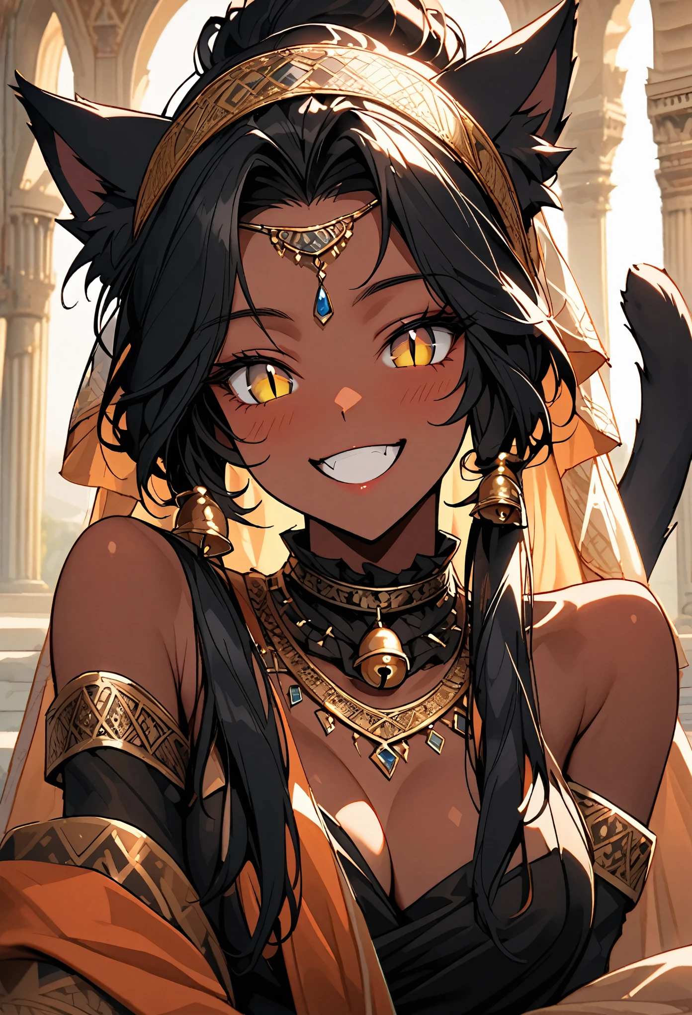 solo, female, cat girl, ancient middle eastern, tan skin, black fur, fluffy furred claws, short black hair, large breasts, tied hair, luxurious bell collar, cat ears, cat tail, smile, slit pupils, slim, shawl, fit, lazy, sunny, resting, excited, close up, veil, palace,