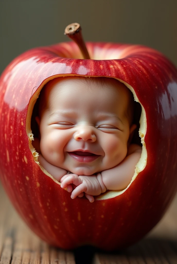 Excessive detail of a red apple with a cute smiling newborn head visible from above in a realistic fashion show as in real life and full body