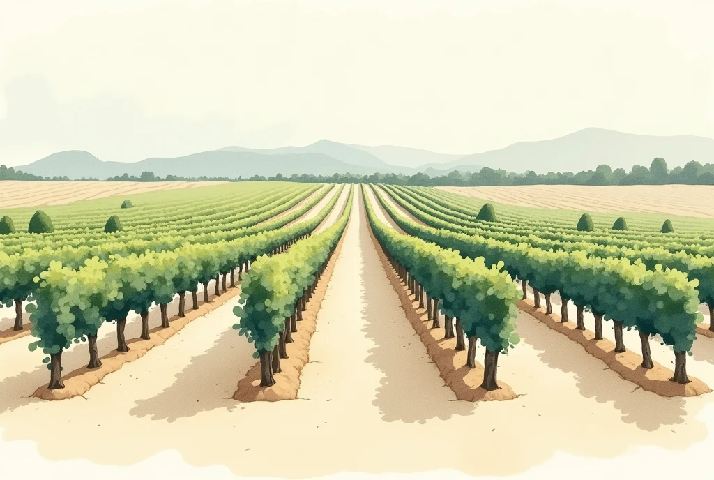 Crie uma ilustração minimalista em estilo water colour, aerial and distant view, of a wine grape plantation. Use only two contrasting colors to represent the scene. The composition should highlight the organization of the rows of vines, with simple and smooth geometric shapes to indicate the grapes and leaves. The growing area should be visible as a series of lines or patterns that suggest the arrangement of the plants without excessive detail.. The color palette should create a harmonious and artistic visual effect., reflecting the tranquility and beauty of the plantationIllustration, minimalism, water colour