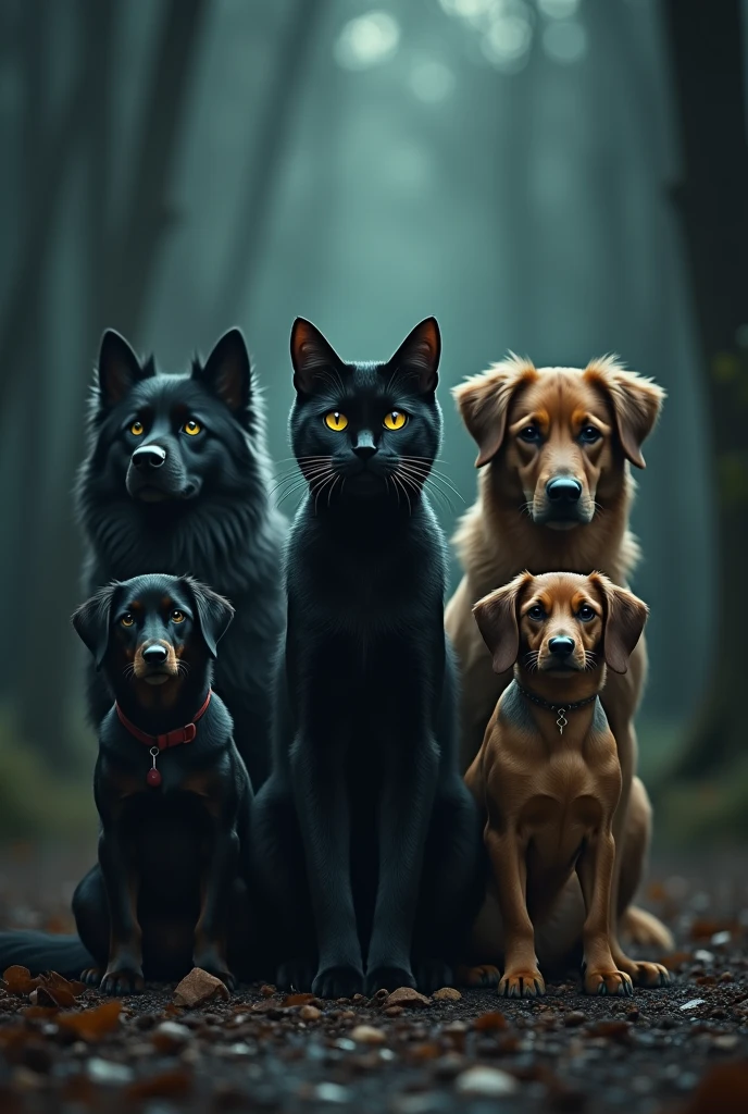 Spawns a black cat with a dark lead cat and a chow chow dog and a dachshund and a brown dog