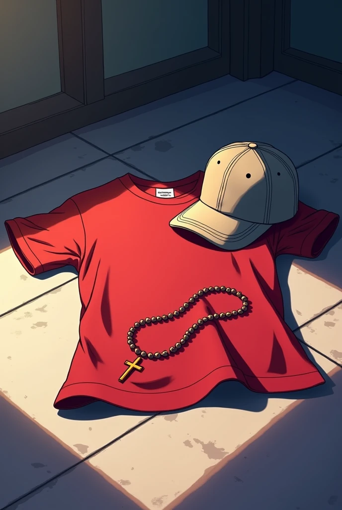 Red T-shirt crumpled on the floor and next to it a baseball cap and a rosary 2d style anime visually beautiful very anime Anime style animeRed T-shirt crumpled on the floor and next to it a baseball cap and a rosary 2d style anime visually beautiful very anime