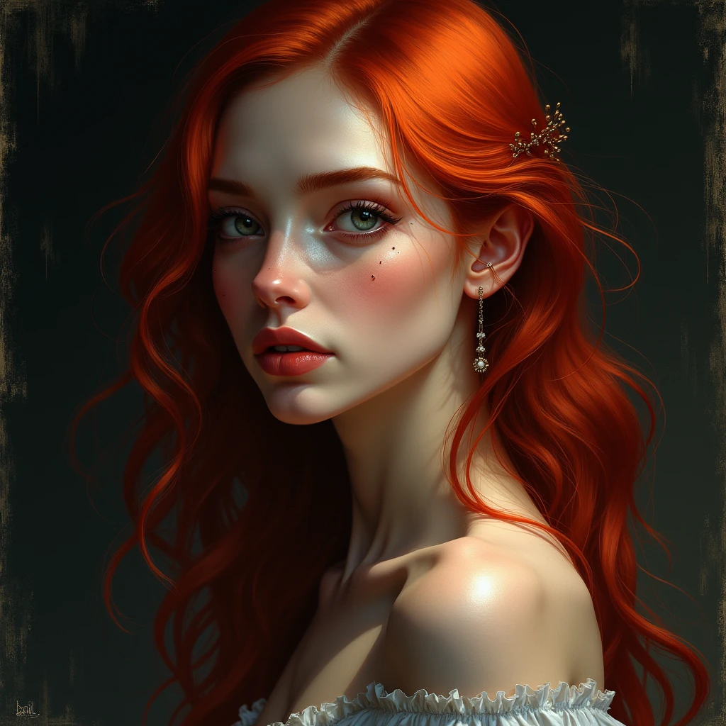 A woman with Red hair and Luminous eyes looks at the camera, Beautiful picture of the character, character portrait, character portrait, 🤤 Charlie Bowater character art, epic portrait illustration, подробныи character portrait, neo-artcore and Charlie Bowater, high quality portrait, fantasy concept art portrait, detailed matte fantasy portrait, charlie bowater art style, Detailed beautiful portrait, fantasy art portrait, dark, chiaroscuro, low-key, oil and watercolor painting