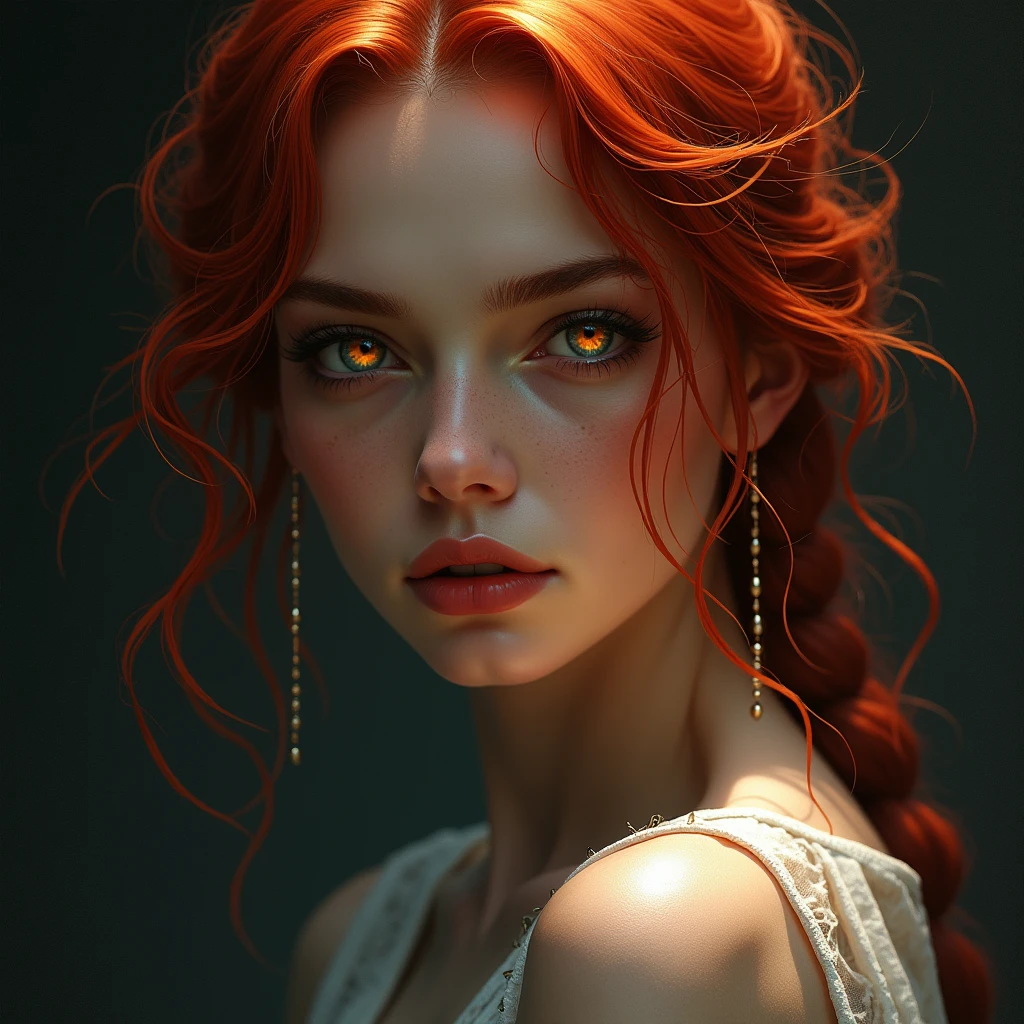 A woman with Red hair and Luminous eyes looks at the camera, Beautiful picture of the character, character portrait, character portrait, 🤤 Charlie Bowater character art, epic portrait illustration, подробныи character portrait, neo-artcore and Charlie Bowater, high quality portrait, fantasy concept art portrait, detailed matte fantasy portrait, charlie bowater art style, Detailed beautiful portrait, fantasy art portrait, dark, chiaroscuro, low-key, oil and watercolor painting
