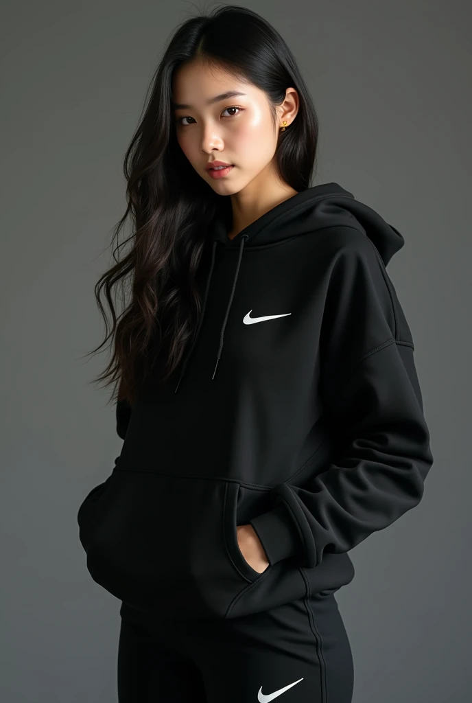 Une belle brune coréenne aux yeux bridés aux cheveux longs portant un sweat-shirt nike a capuche noir Nike et un pantalon noir Nike assorti,