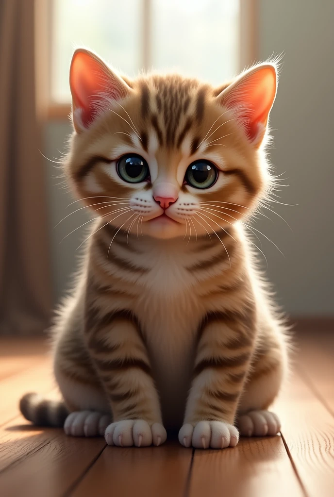 Realistic cats, baby full body, sits stubbornly on the floor