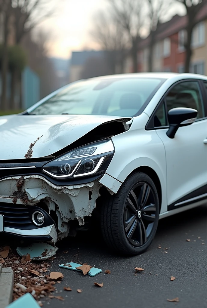 Image of a white Renault Clio crashed on the left side