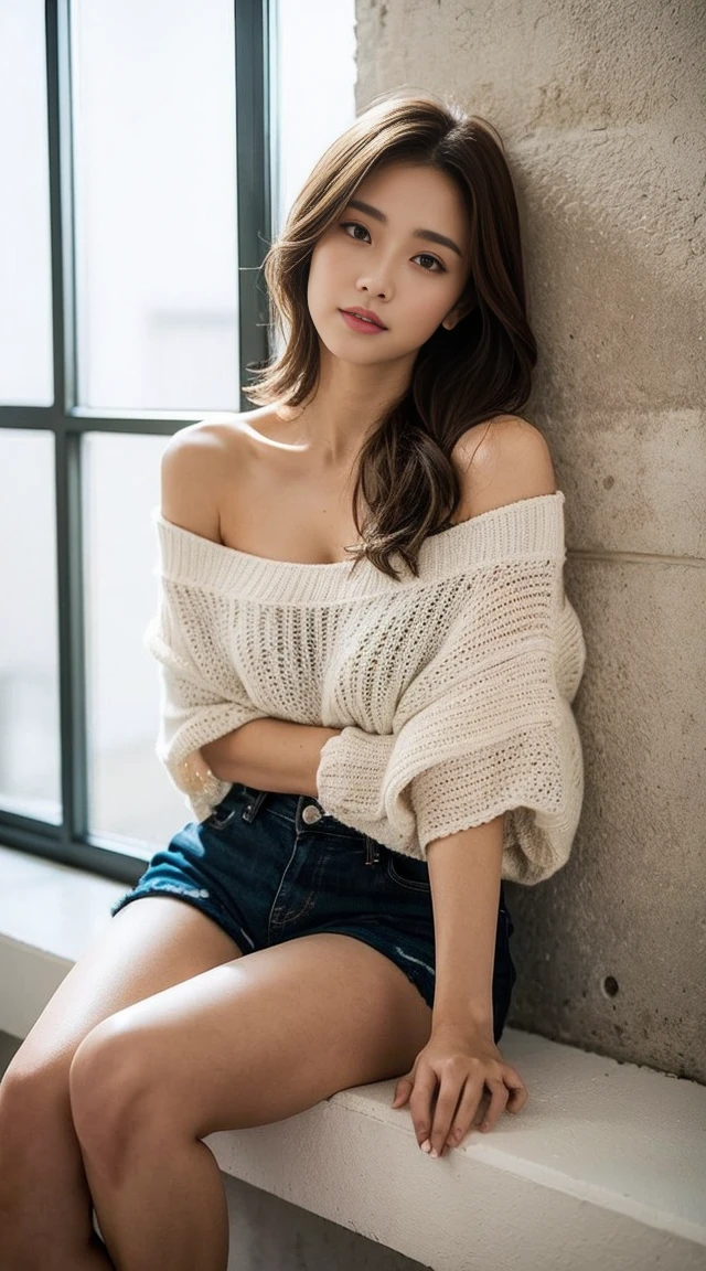 Dark brown hair、Light brown eyes、Japanese actress、 Lady、I am about 40 years old.......、(Intricate details:1.2)、 (Ultra-high resolution:1.2)、Ultra-high resolution、(fine adjustment)、(Detailed facial features)、Hmph、8k resolution、D cup size breasts、Long Hair、Bright terrace room with sunlight streaming in、Large windows、Extravagant space、relax、、,Full body photo、Head to toe shot、Beautiful feet、black　Off-the-shoulder T-shirt、Shorts、Beautiful feet、Bright terrace room with sunlight streaming in、she, household items,   (plant:0.8), Fashion Hub, Very detailed, Very detailed, Realistic, Hourglass Shaped Body, Obscene pose,、Messy Hair、Messy ponytail、Leaning against a wall、I cry a lot、tears、Skin is visible through the knit、White floor、White wall、A masterpiece of transparent painting、