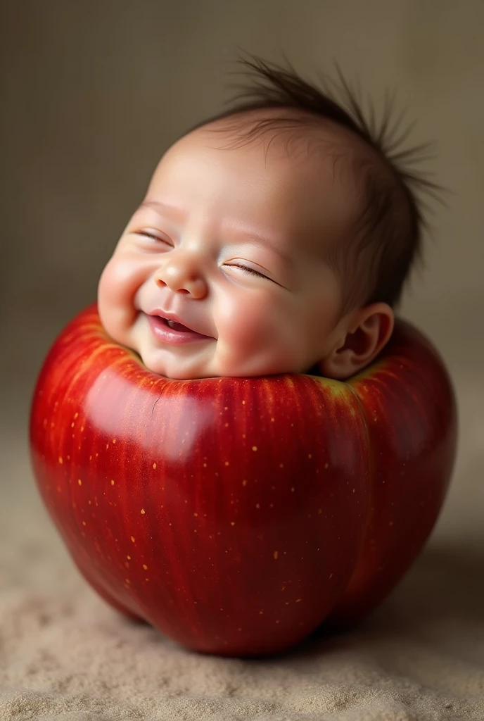 Excessive detail of a red apple with a cute smiling  head visible from above in a realistic fashion show as in real life and full body