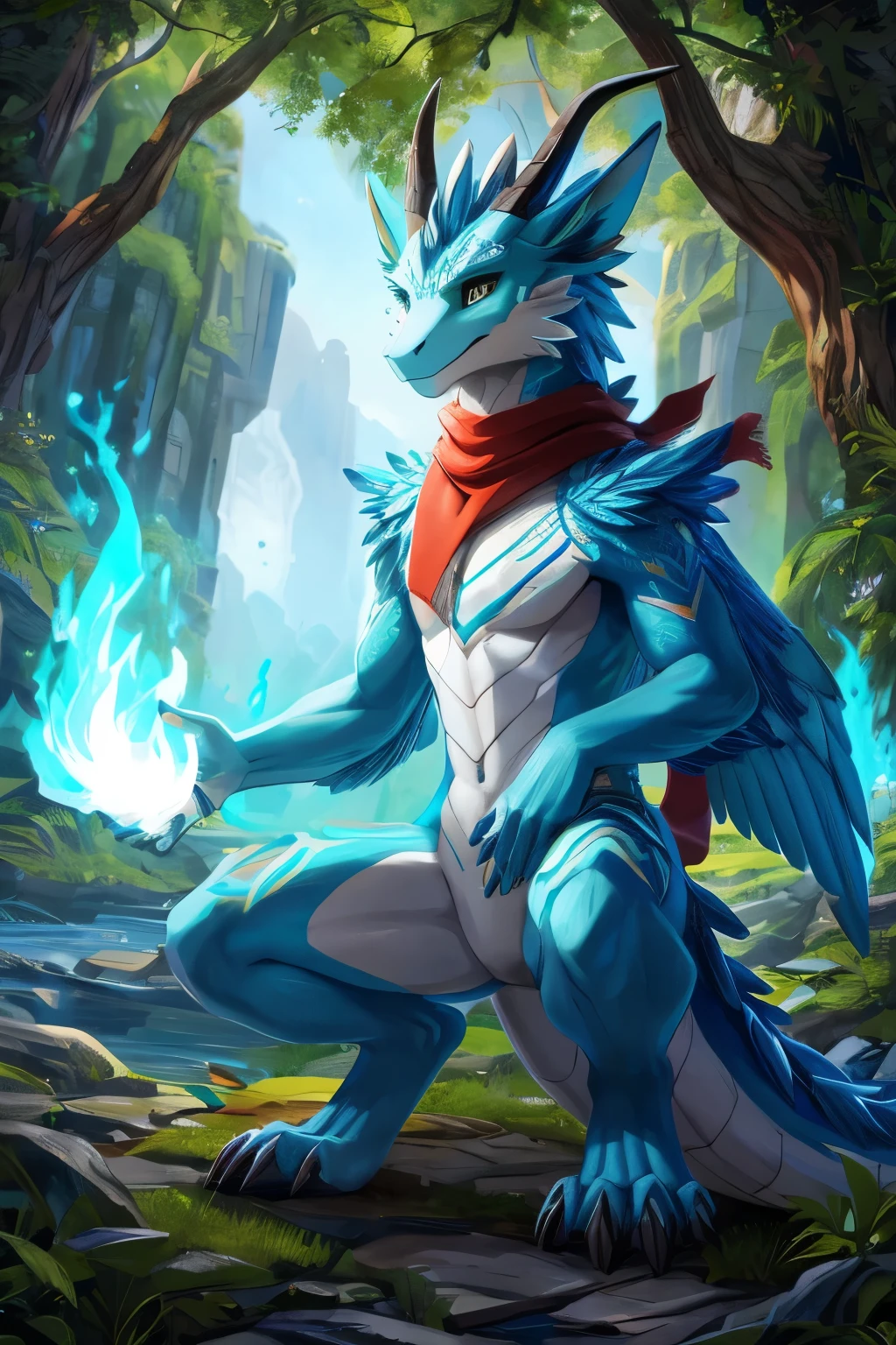 (anime), (front facing), (looking at the camera), slim furry white dragon using fire magic, (detailed eyes), white body color, blue secondary body color, (cyan, green and lime details), (creative spikes), scale patterns, very long muzzle, neck and tail fur, digitigrade, (creative horns), feathers, dark gradient, (wearing only a scarf), (body markings), nature background, full body