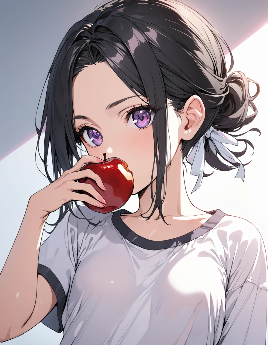 (masterpiece)、(absurdres)、(ultra detailed)、(8k),Anatomically correct,anime illustration,(solo lady,shiny black hair,shiny purple eyes,short highponytail,(1white ribbon;1.1),(small breast:0.9),(A shirt with an apple on it that doesn't show any clear body lines:1.2),(Denim pants:1.1),(Holding an apple with a missing piece:1.1),(panicked eyes:1.4),wavy mouth,(smile),spoken exclamation mark:1.3,side view,cowboy shot,A basket full of apples:1.1,Contemporary Living