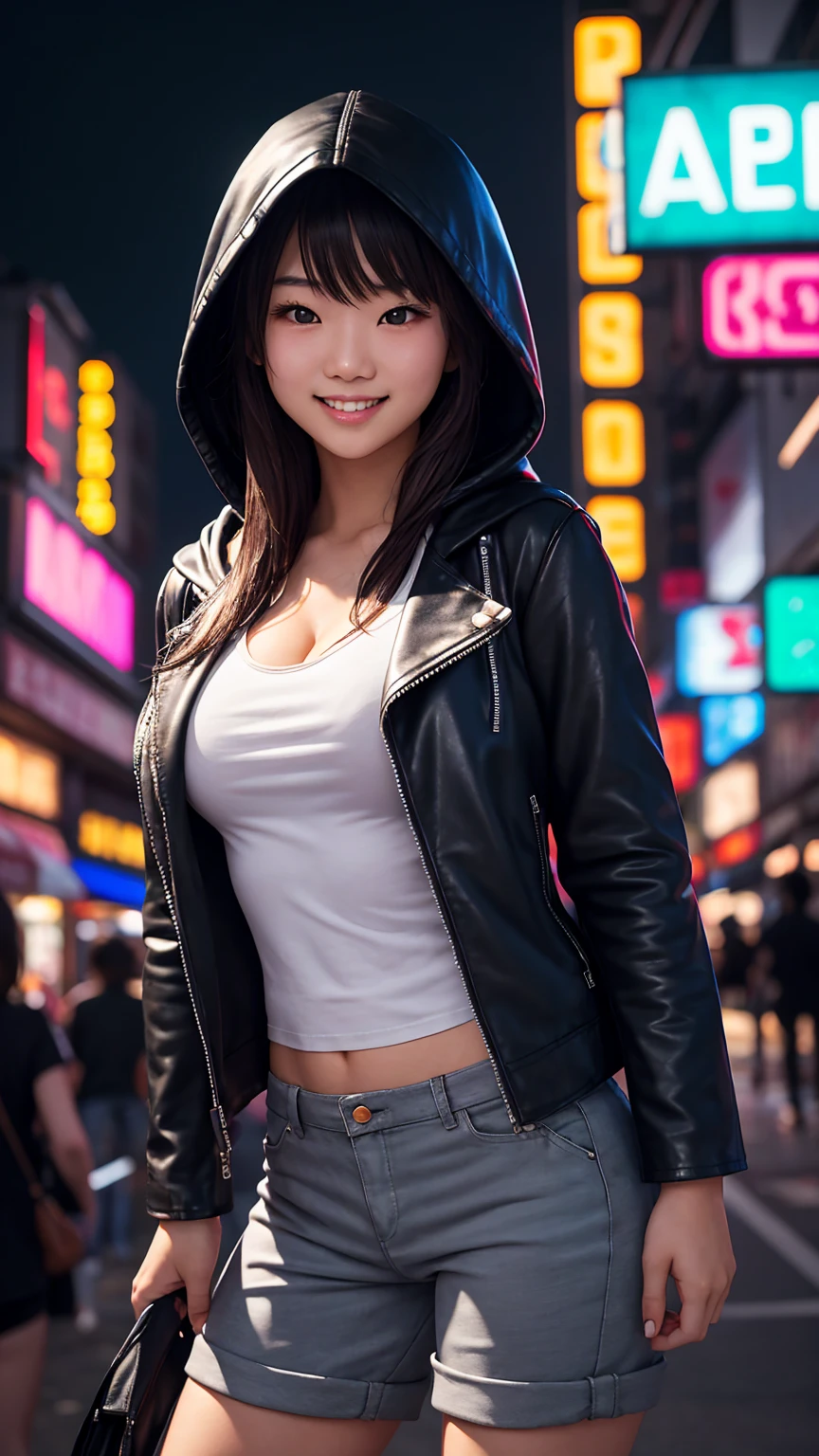 A young Japanese girl, wearing a white t-shirt, a leather jacket and a hood up.demin short pants, She was looking at me with a smile on her beautiful face, her breasts so big that they accentuated her cleavage,Late night entertainment district with dazzling neon lights
