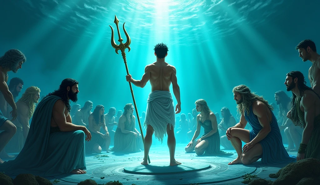 percy jackson, boy, the sea throne, the Poseidon's Trident in his hand, underwater, black short hair and bright blue eyes, shirtless, greek clothes, varias divindades ajoelhadas diante dele jurando lealdade ao novo rei dos mares, uma aura azul esverdeada brilhante cobre seu corpo como magia