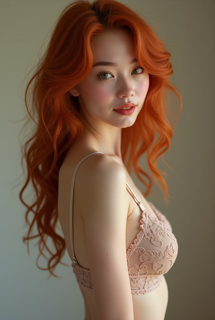 Young curly redhead freckled Asian woman with green eyes long eyelashes thin nose and elegant curves posing nude showing hairy vagina 