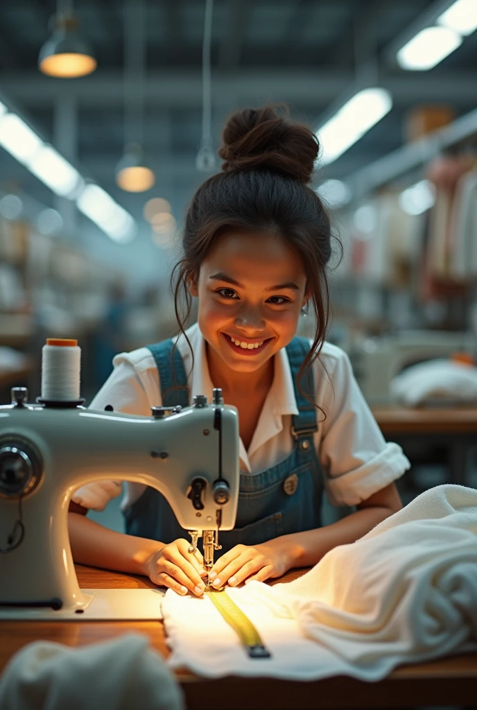 Smiling textile worker checking measuring tape while working on sewing machine