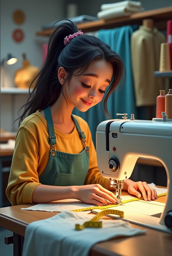 Smiling textile worker checking measuring tape while working on sewing machine