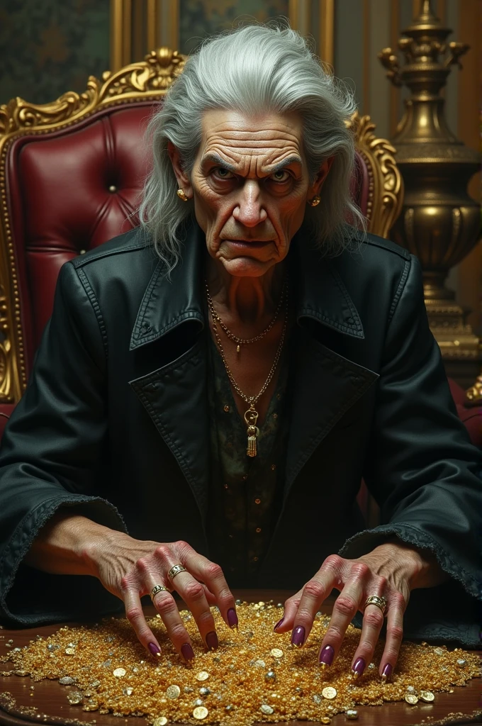 Ugly woman with evil features with lots of money 