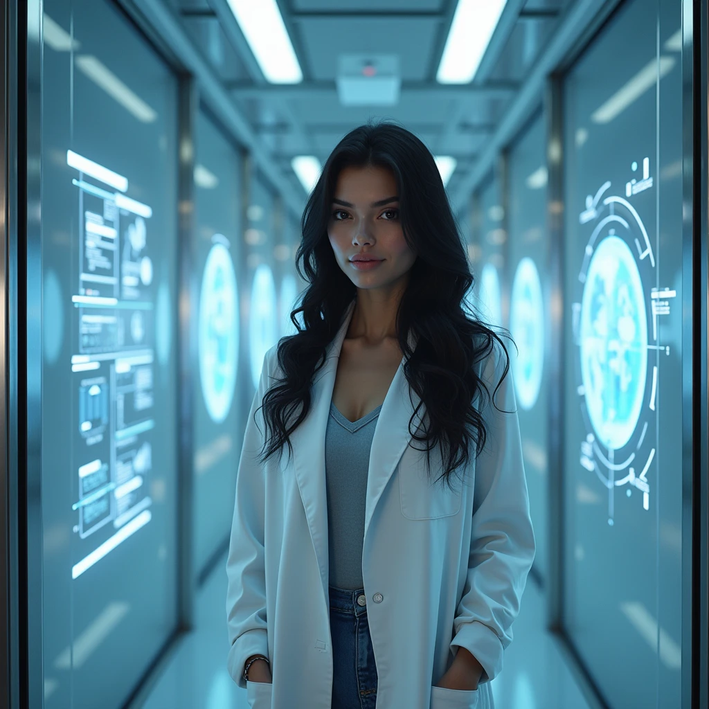 realistic photo of a (pretty girl, 20 years old, brunette, black eyes) into an eleavator-size glass made box at state-of-art scientific facilities, (full lips) , ((perfect face)), [[mild smile]], proportionate body,mixed white-latina herritage, nubyan nose, beautyfull, beautyfull face, tanned skin, two arms, two legs, five fingers by hand, full body, (softly curly black long hair), girl wearing a lab coat over casual clothes into an elevator-like transparent box into a lab, girl touching hologram translucid interfaces at box's crystal walls. Technologic stuff, huge screens at background walls, panoramic photo