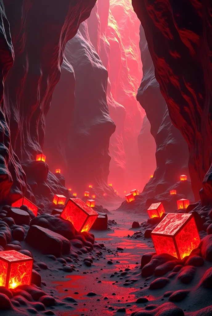 A cave with red, square crystals.