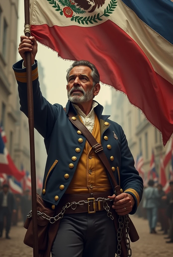 A middle-aged man dressed in period costume as a Central American congressman from 1820; Full body pose. He is proudly raising the banners of independence of Central America; It is important to emphasize this. He has a chain on his ankle that is broken, which represented the Spanish colony.