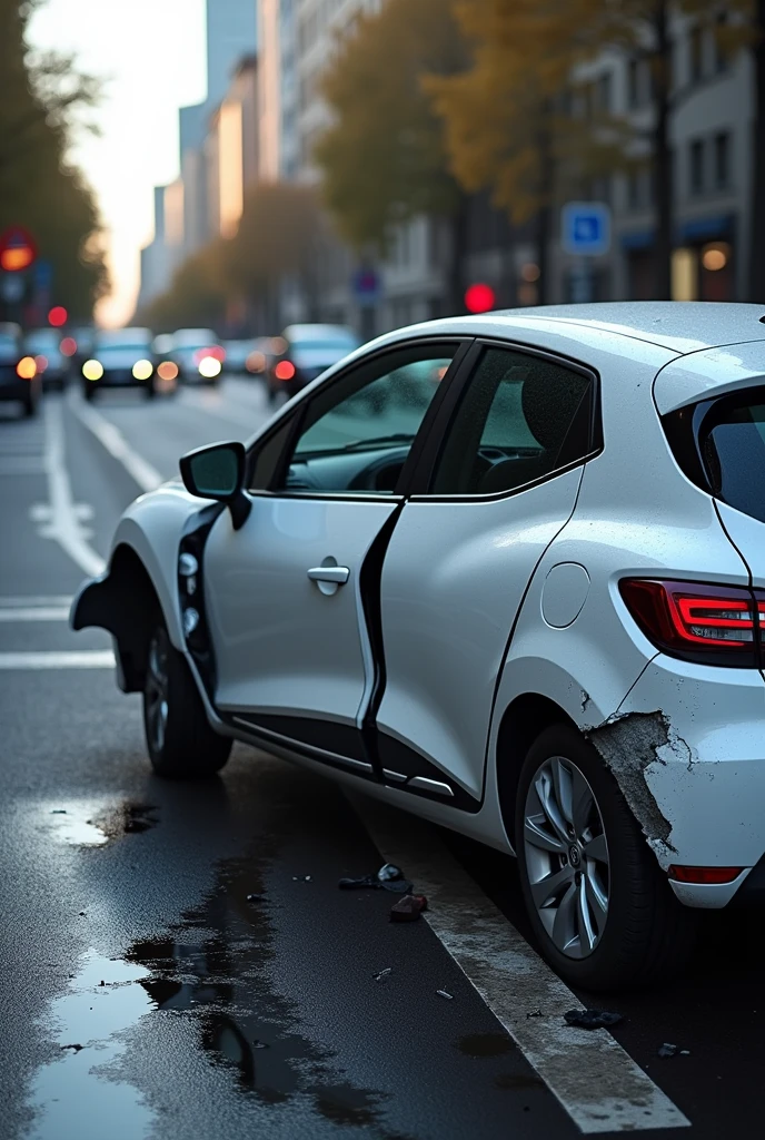 Image of a white Renault Clio crashed on the left side door. On avenue