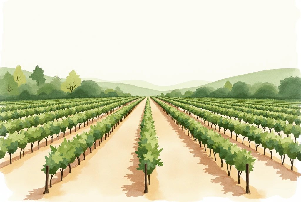Crie uma ilustração minimalista em estilo water colour, aerial and distant view, of a wine grape plantation. Use only two contrasting colors to represent the scene. The composition should highlight the organization of the rows of vines, with simple and smooth geometric shapes to indicate the grapes and leaves. The growing area should be visible as a series of lines or patterns that suggest the arrangement of the plants without excessive detail.. The color palette should create a harmonious and artistic visual effect., reflecting the tranquility and beauty of the plantationIllustration, minimalism, water colour 