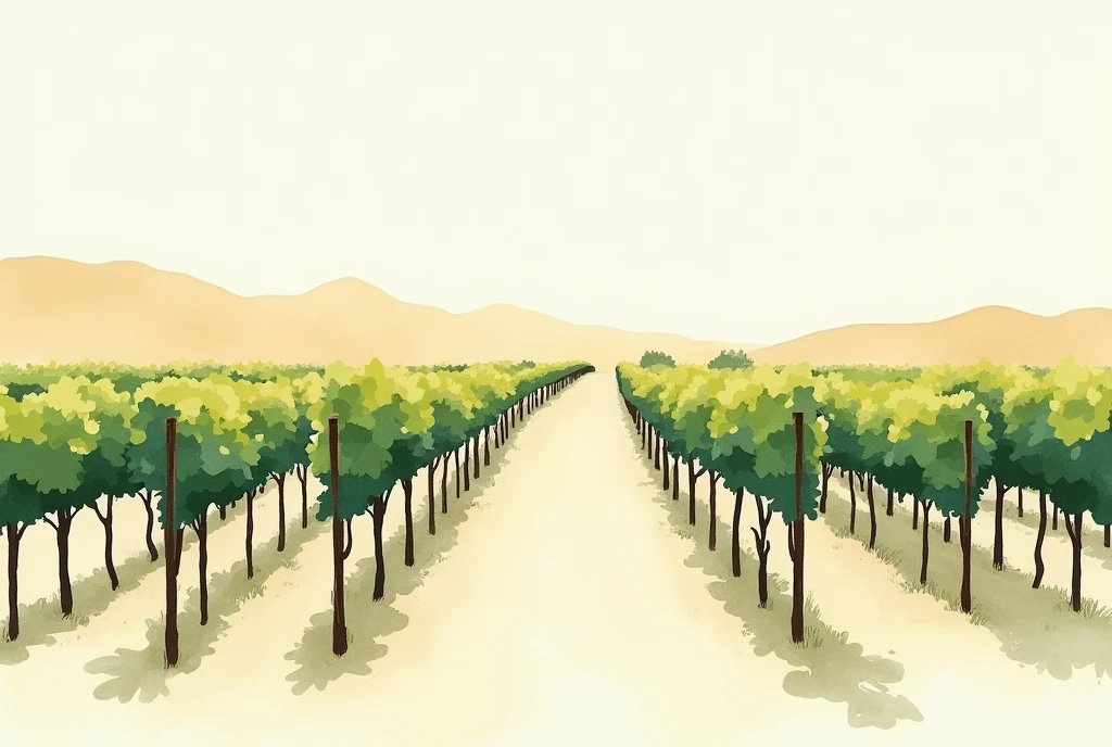 Crie uma ilustração minimalista em estilo water colour, aerial and distant view, of a wine grape plantation. Use only two contrasting colors to represent the scene. The composition should highlight the organization of the rows of vines, with simple and smooth geometric shapes to indicate the grapes and leaves. The growing area should be visible as a series of lines or patterns that suggest the arrangement of the plants without excessive detail.. The color palette should create a harmonious and artistic visual effect., reflecting the tranquility and beauty of the plantationIllustration, minimalism, water colour 