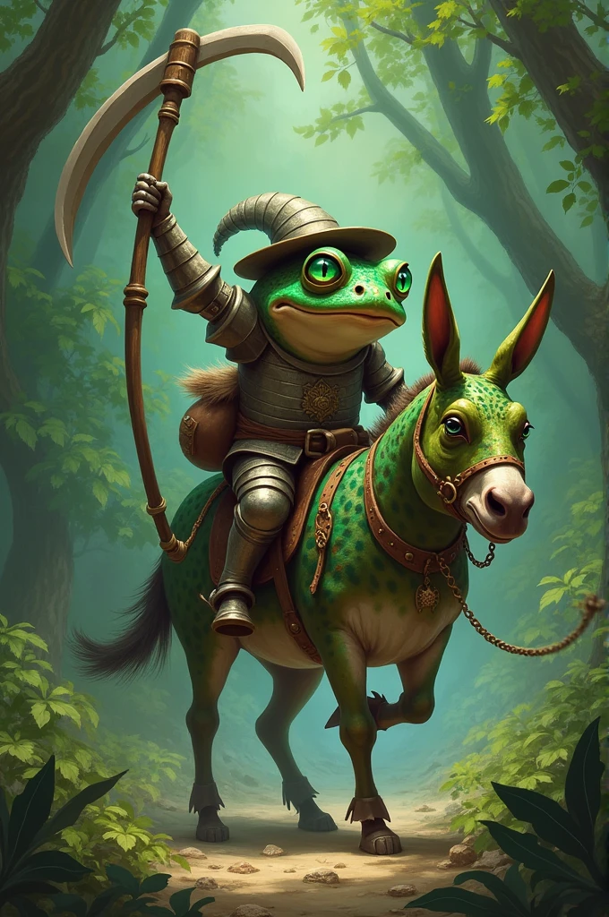 A green and gold toad, emerald-eyed being tamed by a Knight riding a donkey, with hat and machete