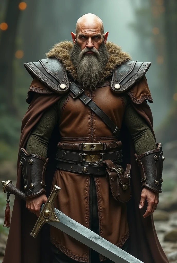 Generate a man, de 1,59m, with a robust beard, baldie, green-eyed, with a long sword, leather armor that is an elf.