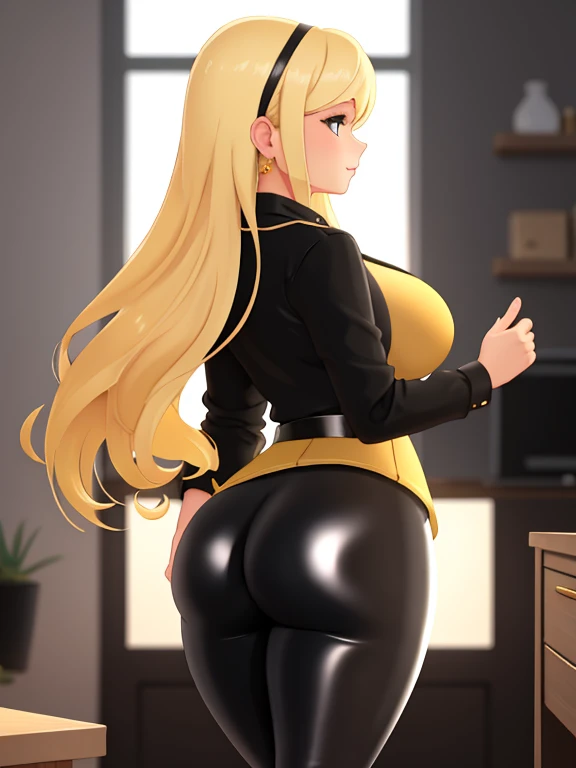 Blonde curvy woman in her mid thirties with a perfect ass wearing shiny black leggings and yellow blouse