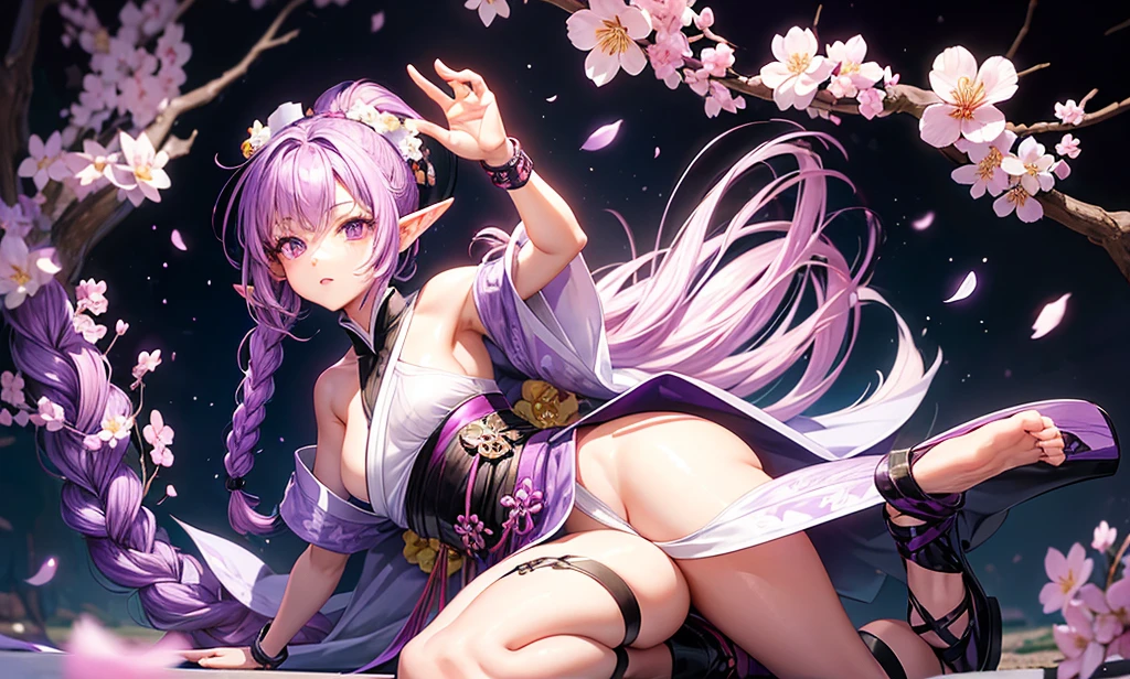 girl, , bright skin, long purple hair, braided into one ponytail, purple eyes, white yukata with open legs and sakura petals, slim, nice legs, black belt, black gloves, purple sakura flowers, purple long cloak, detailing,  ideal, red and black bracelets on legs and arms, wooden high-heeled shoes, Kanzashi, big ass, elf