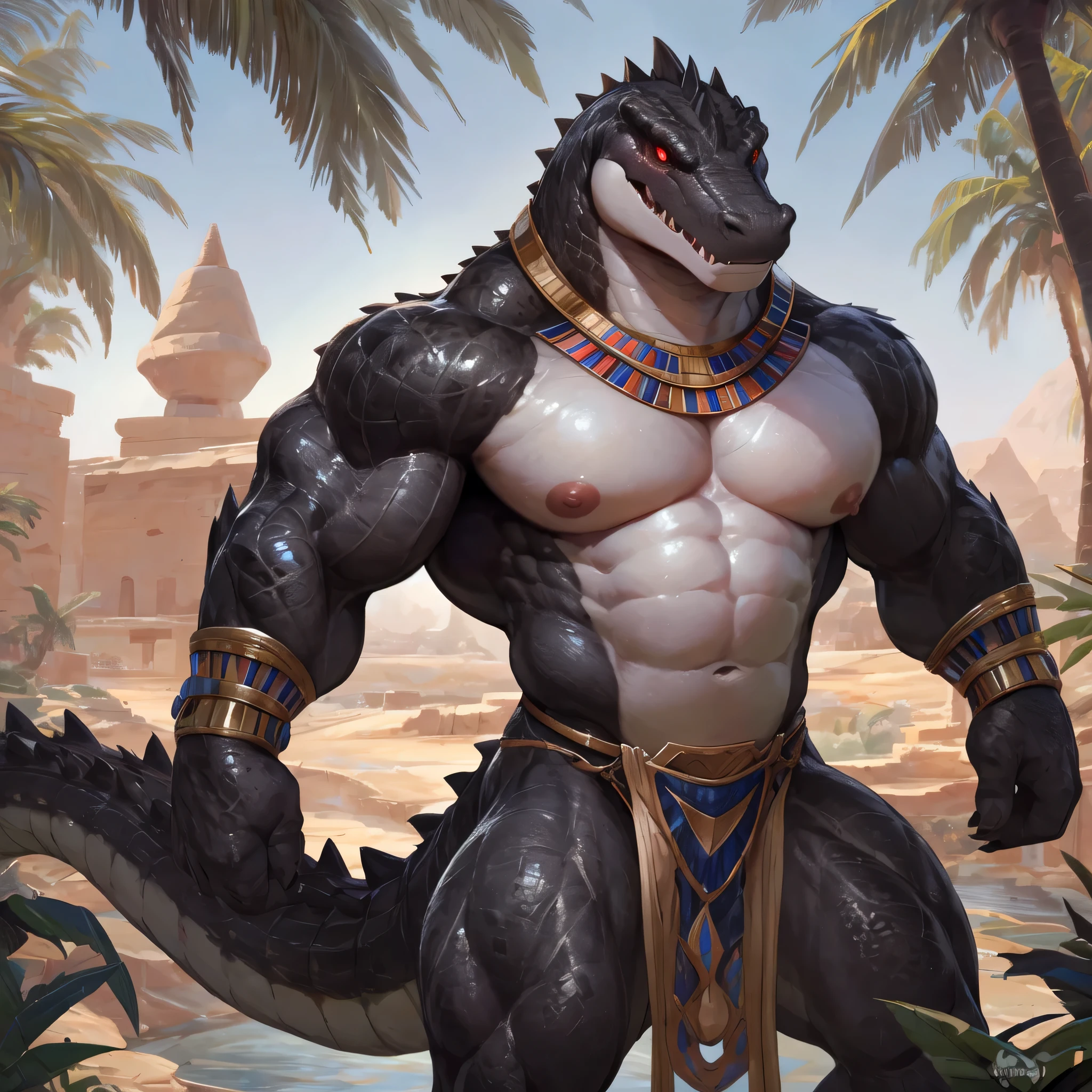 solo, male, humanoid, ultra details, alligator, ultra detailed muscles, black scales, white belly, standing up, proposing marriage, black claws, red slit eyes, muscular, do no have any nipples, menacing, sexy, handsome, ultra detailed slit eyes, pecs, hind leg, tail, (Masterpiece, by null-ghost, ultra hi-res, 8k), wear ancient egypt accessories, naked torso, black colour loincloth, oasis, ancient Egypt landscape, Nile river, front point of view,