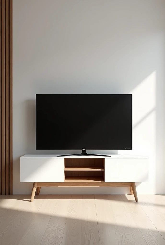 White and brown table for an 85'' TV