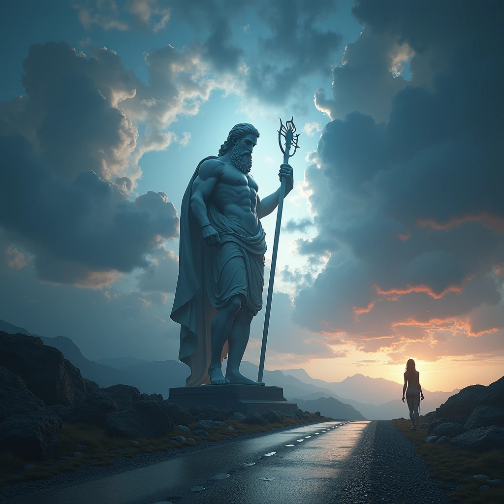 ((work of art)),(best qualityer)),greek style,in the universe,A huge statue of the God Zeus stands in space,Look to the camera,Zeus standing,Zeus holding a thunderbolt, glimmering,glow effect,????? woman on the road,Hyper-Realism,hyperphotorealism,real photography,8k,High definition,high qualiy,work of art,very well, (((offwhite))),Discoloration,blurring,inking,8k,very well,high qualiy,(((oc renderer)))