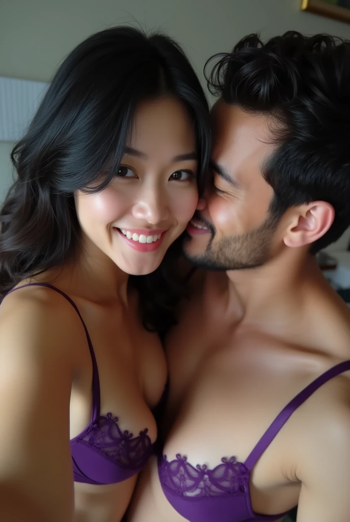 A realistic photo of three Thai siblings. (2 men, 1 woman) A sexy black-haired young woman in a purple lace bra is taking a selfie and is clearly seen with her husband and lover., The three of them were excited about the situation and enjoyed the teasing., Another man sitting on the bed, hugging, kissing and passionately kissing. She looked very excited and her breasts were showing..,