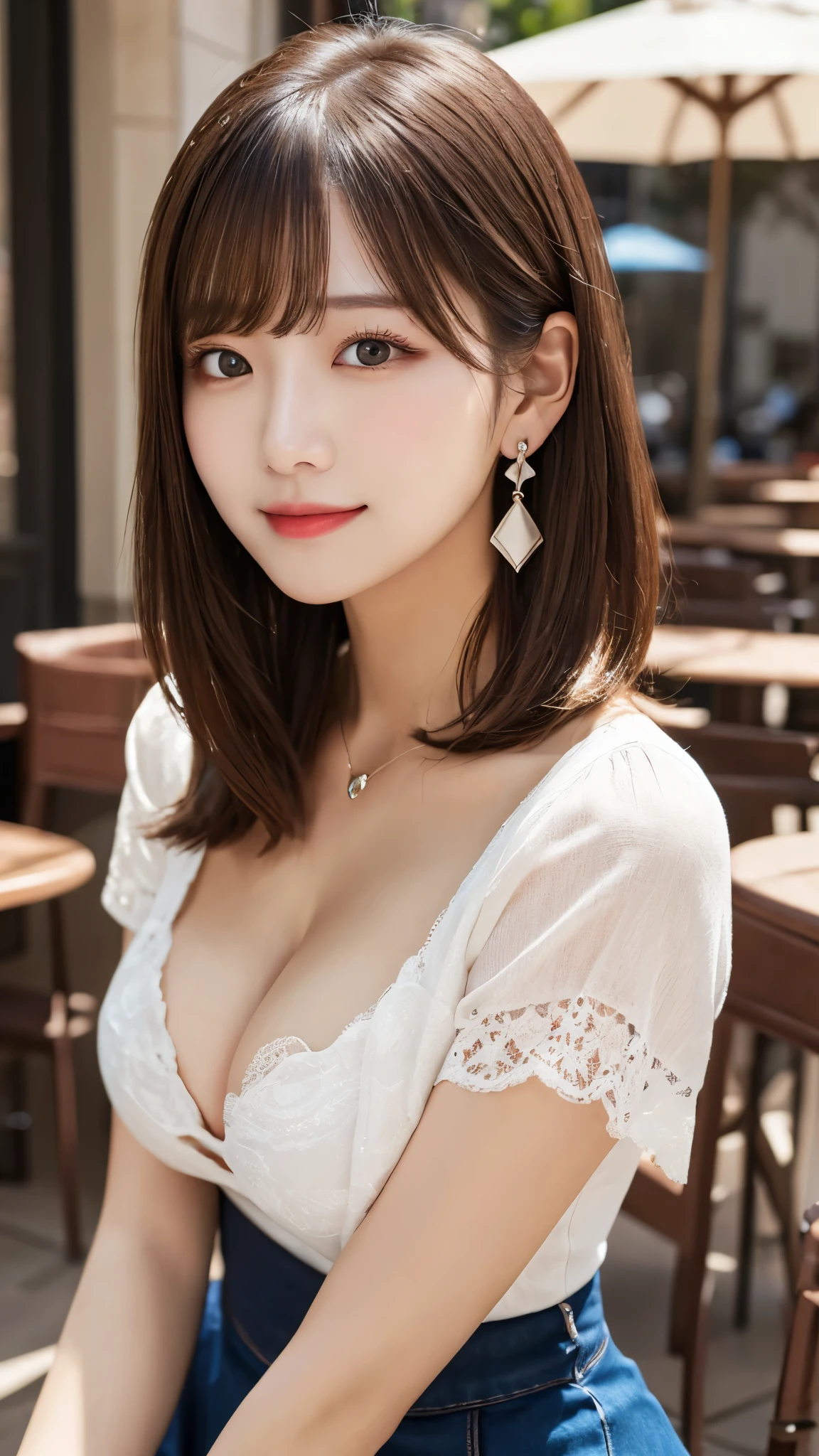 (Ultra high quality, photorealistic, highly detailed, high resolution), finely textured hair and clothing, anatomically accurate, aesthetically balanced,
BREAK
(A beautiful young woman),
BREAK
Exquisitely detailed face, natural makeup, captivating eyes, symmetric features, light brown eyes, double eyelids, finely shaped eyebrows, glossy lips,
BREAK
Short bob haircut, dark brown hair, bangs,
BREAK
Alluring smile, subtle blush,
BREAK
(Generous , large breasts:raceful and perfectly proportioned female form, elegant hands, highly detailed and realistic fair skin,
BREAK
(Short-sleeved shirt, Mini skirt, Earrings),
BREAK
sitting outdoors at a cafe, Looking at viewer,
BREAK
Cafes around town, summer atmosphere.