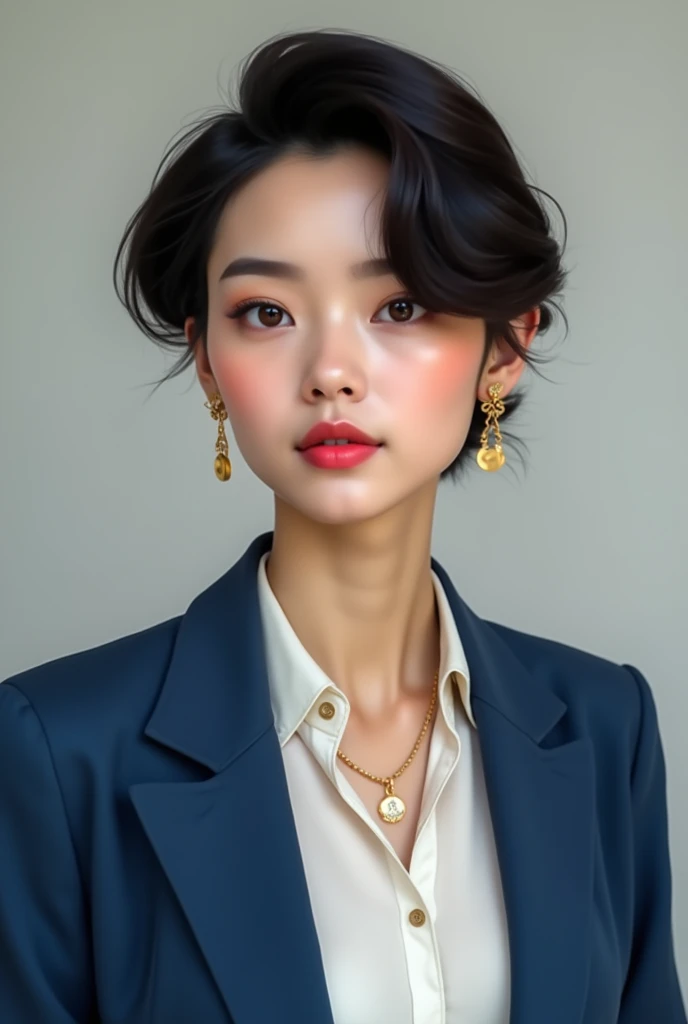  Create the image of a woman of approximately 2, she has short hair and it is dark, She is wearing a blue blazer and a white blouse underneath and is wearing gold earrings and necklaces.