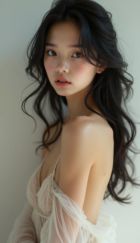 16K high quality, high definition masterpiece Beautiful face, clear beautiful white skin, young body shape, beautiful black hair and big eyes, young beautiful girl, thin transparent clothes.