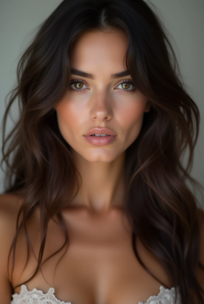 realistic photo brunette woman long wavy hair, (nude), with face facing forward oval face