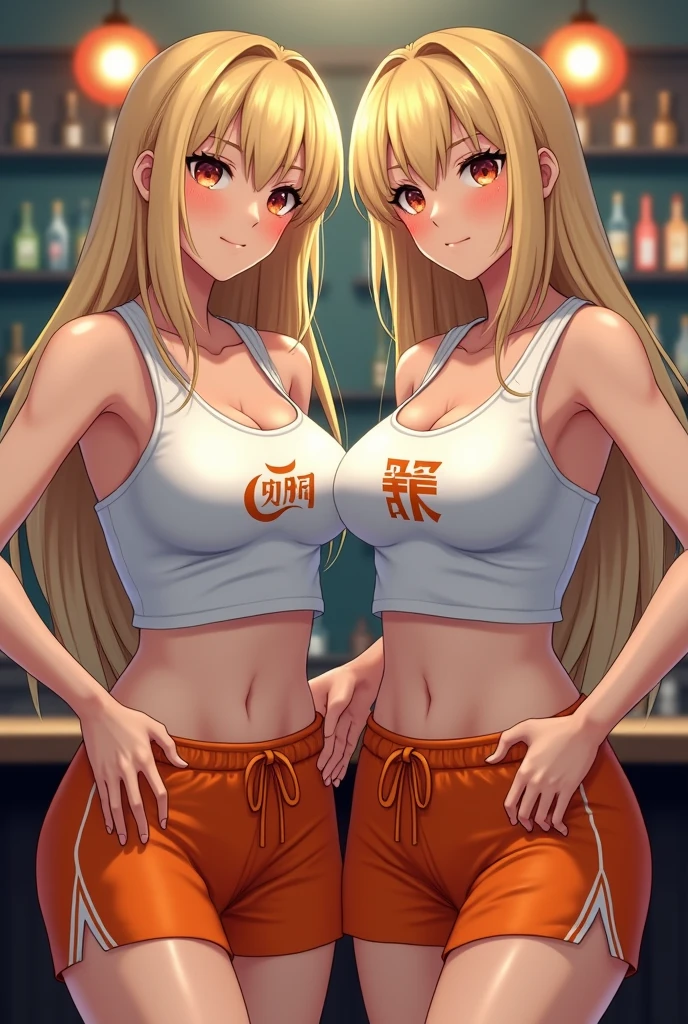 (Highest quality:1.4),(Very detailed:1.5),(High resolution),(8k),(wallpaper),(Perfect lighting:1.2),((Japanese:1.5)),((blonde:1.5)),(((Two mature women standing side by side:1.5))),((4)),((Hooters)),(((Fitted white tank top with logo:1.5))),(((Orange shorts that bite into your body:1.5))),(((Very detailedなコスチュームの描画:1.5))),break(((They both wear the same uniform:1.5))),(Beautiful Eyes:1.5),(Detailed face drawing:1.5),(Detailed face drawing:1.5),((Very detailedな女性の手:1.5)),(Glowing Skin:1.2),(Big Breasts:1.4),((Thick thighs:1.5)),((Sensual body:1.5)),break(Sports Bar Background:1.5),(((Blur the background:1.5))),((smile:1.5)