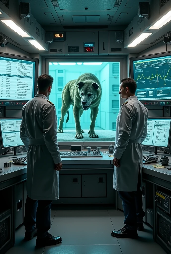 In a control room. One screen is with a green and gray hybrid alien dog-like creature strapped to an experiment table and another screen is showing information and DNA data of the creature. . And that this is a male scientist . And a male army commander looking at the screens standing.  