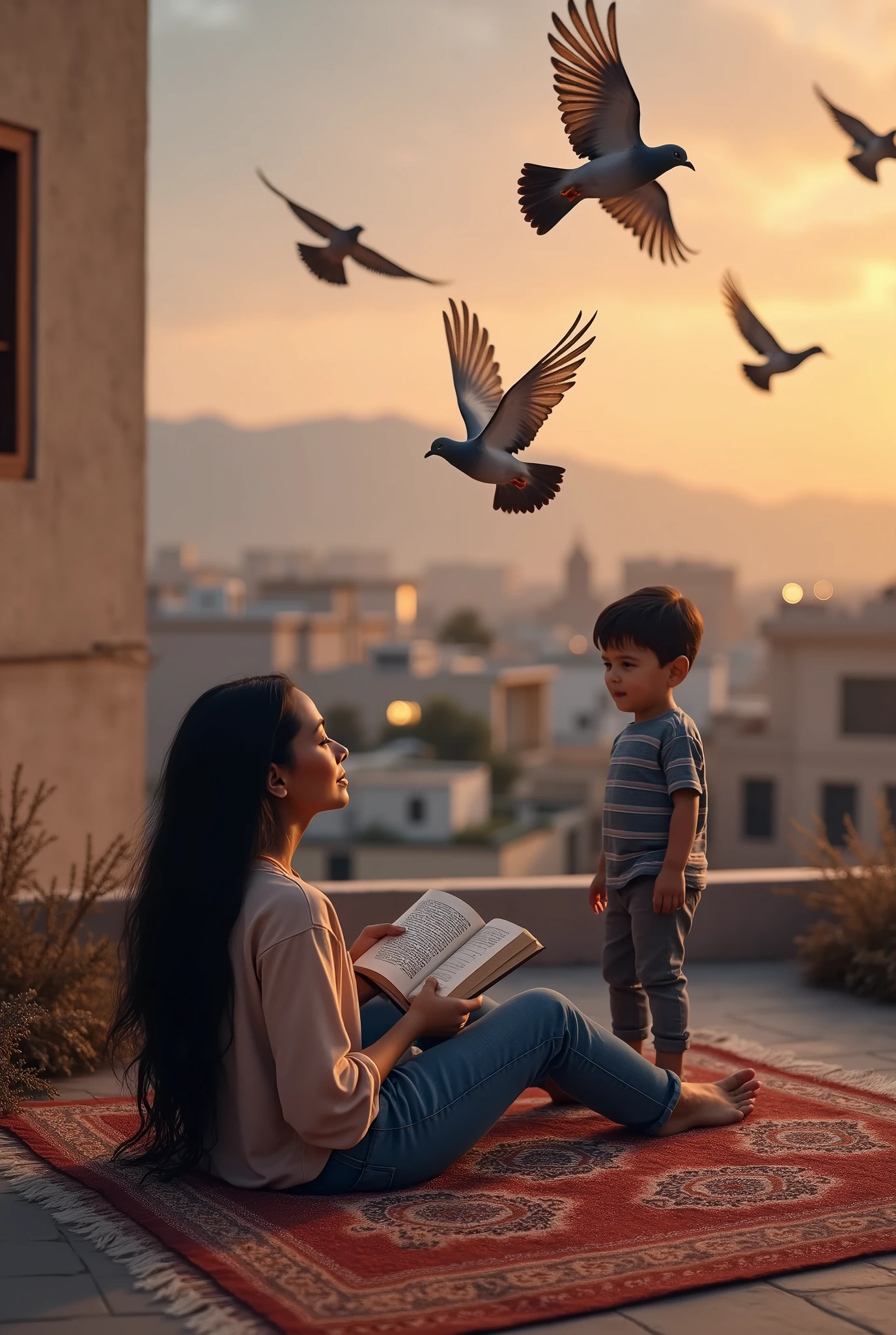 Une photo d'une jeune femme arabe de 24 ans aux cheveux de noir avec son fils , son fils lance de pigeons une photo réaliste et très précise plus juste. Elle lit un livre sur le toit de la maison, allongée sur un tapis marocain, vêtue d'un jean, et pieds nus. Il y a des maisons, des montagne au loin, des fenêtres éclairées, des couchers de soleil et de la brume dans le ciel, comme un tableau de Léonard de Vinci, fr 4K, 8k. La scène est proche , près des pieds il y a des colombes dans le ciel .
