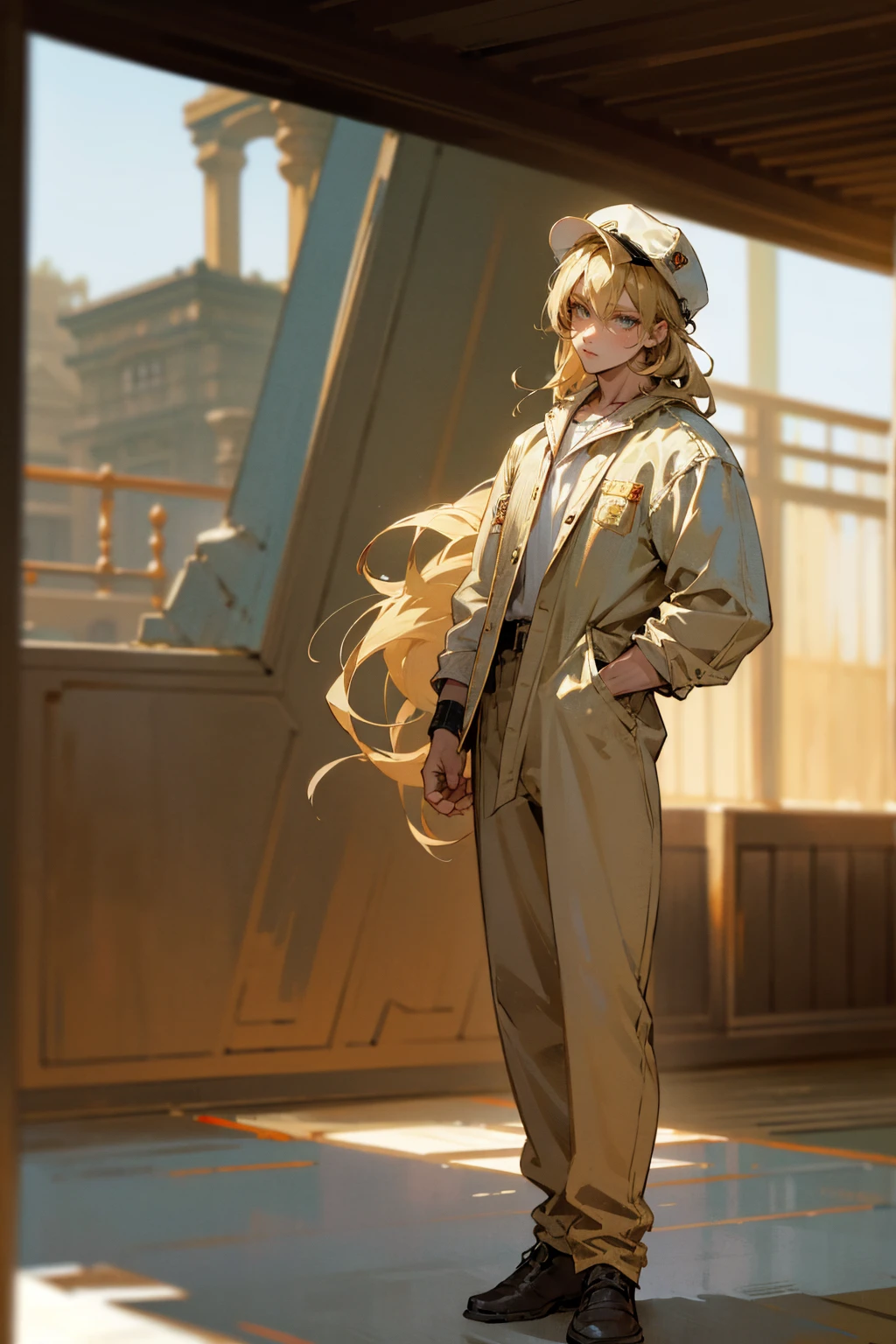 Masterpiece Quality, Perfect Generation, Sclera, Detailed Eyes, Skin, , , Normal Clothing, Random Expression, , House Background, Full Body, Clothed, Hair Tie, Mad, Standing, strong, , eyes, , masculine, standing, , Muscular, , Inside building, reverse baseball cap, blonde hair,