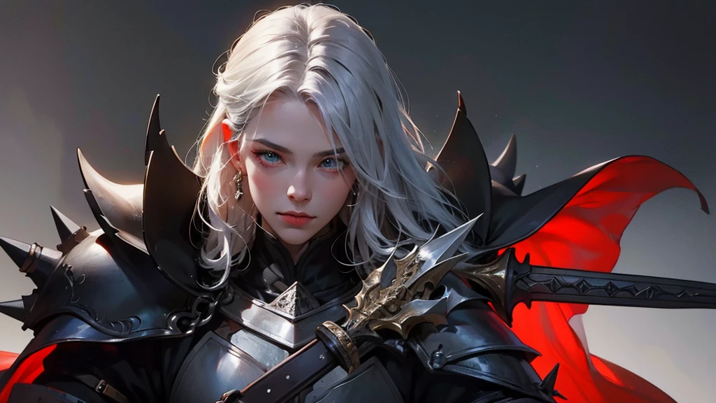 portrait of a fantasy black knight, spiky armor, blood on sword, dark forboding background