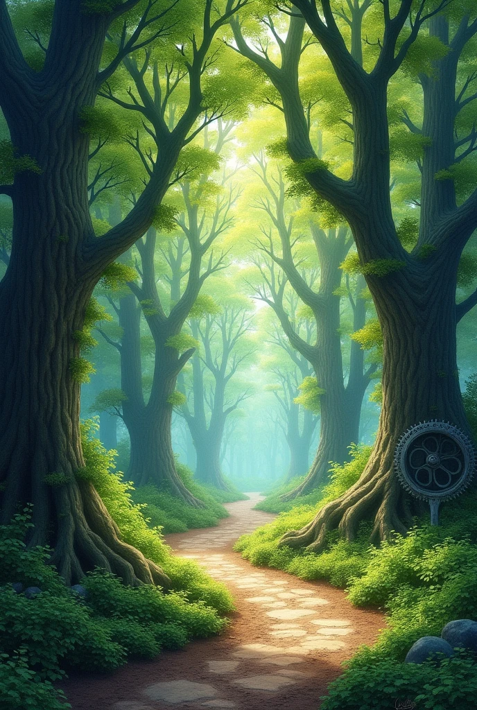 A dense forest path, sunlight filtering through an intricate mesh of branches, patterns on the foliage resembling fractal geometry, intertwined with mechanical gears and steel elements that represent mechanical engineering concepts, watercolor, golden ratio, digital painting, highly detailed.