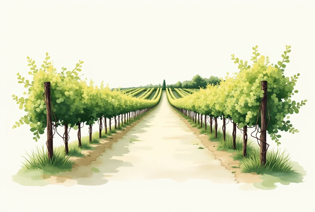 Create a minimalist watercolor illustration of a wine grape plantation, using only two colors. The image should capture the essence of the vines and grapes in a simple and elegant way., with an artistic touch typical of watercolors."