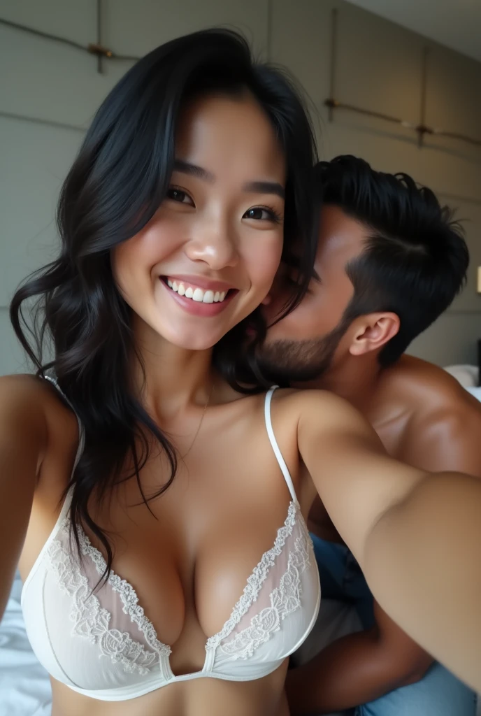 A realistic photo of three Thai siblings. (2 men, 1 woman) A sexy black-haired young woman in a white lace bra is taking a selfie and is clearly seen with her husband and lover., The three of them were excited about the situation and enjoyed the teasing., Another man sitting on the bed, hugging and passionately kissing her. She looked very excited and her breasts were showing..,